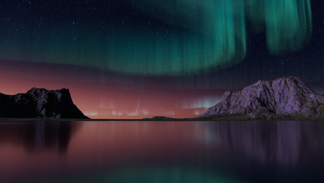 Green Aurora Sky over Rugged Landscape. Beautiful Northern Lights Banner with copy-space.