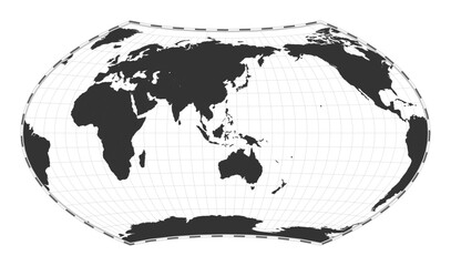 Vector world map. Wagner projection. Plain world geographical map with latitude and longitude lines. Centered to 120deg W longitude. Vector illustration.