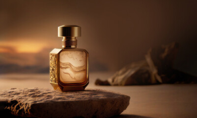 generic luxury gold perfume mockup glass bottle with golden chrome and marbled glass body with on rock display at golden hour time