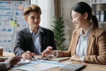Businessman team write project ideas and use pen to edit papers for brainstorming sessions with partners in the office.