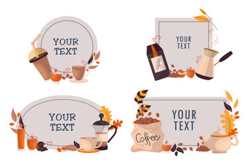 Cards or banners with coffee vector illustrations set. Cartoon drawings of invitations or greeting cards with coffee cups, pots and your text on white background. Advertising, coffee shop concept