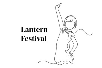 Continuous one line drawing happy  little girl dressed in a Chinese Costume celebrates lantern festival. Lantern festival concept. Single line draw design vector graphic illustration.