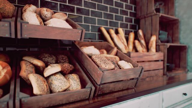 Fresh bread on shelves in bakery