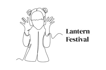 Continuous one line drawing happy  little girl dressed in a Chinese Costume celebrates lantern festival. Lantern festival concept. Single line draw design vector graphic illustration.