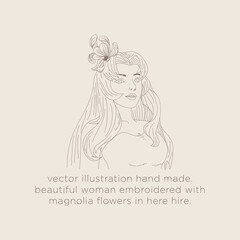 vector sketch illustration. drawing line. beautiful woman embroidered with magnolia flowers in her hair.