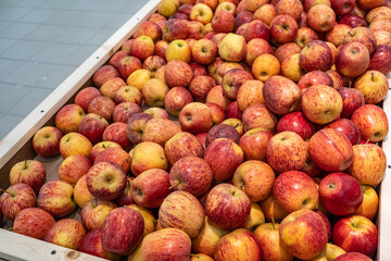 red apples in a wooden box are sold in the shopping center in the department of vegetables and fruits