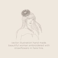 vector sketch illustration.
drawing line.
beautiful woman embroidered with strawflowers in her hair.