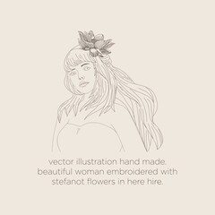 vector sketch illustration.
drawing line.
beautiful woman embroidered with stefanot (garlic vine) flowers in her hair.
