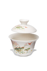 Detailed shot of a white original porcelain color printed gaiwan  in chinese style. The designer bowl with a raised lid is isolated on the white background.