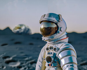 Illustration of an astronaut standing on the surface of the moon, with an Earthrise behind him. © Stephen