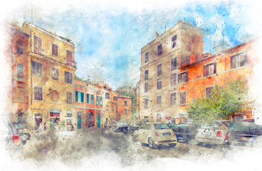 Digital illustration in watercolor style of the street of Rome city