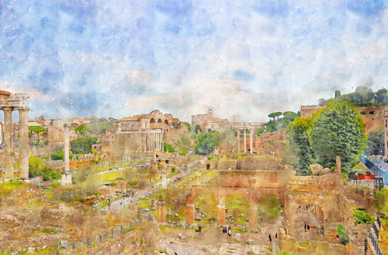 Digital illustration in watercolor style of Foro Romano in summer, Rome , Italy