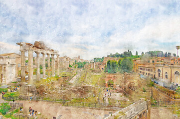 Digital illustration in watercolor style of Foro Romano in summer and the old quarter is nearby, Rome , Italy - 556904542