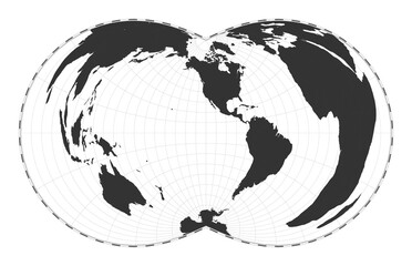 Vector world map. Rectangular (War Office) polyconic projection. Plain world geographical map with latitude and longitude lines. Centered to 120deg E longitude. Vector illustration.