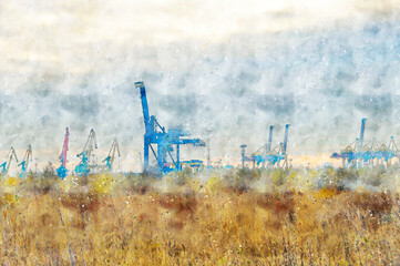Digital illustration in watercolor style of the Kanonersky Island in autumn, St. Petersburg, view of the port cranes - 556904750