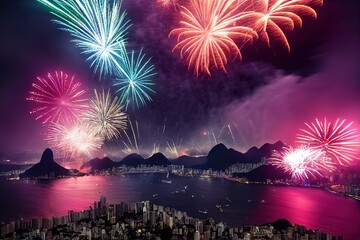 New Year's Fireworks Celebration over World Cities and Landmarks Illustration Background Image - obrazy, fototapety, plakaty