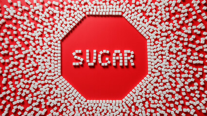 octagonal frame in the form of a stop sign made of sugar cubes with red background and word sugar inside. stop eating refined sugar concept
