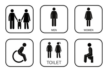 Restroom signs. WC signs. Toilet signs. Family, Man, Woman, Disabled and Kids icon.