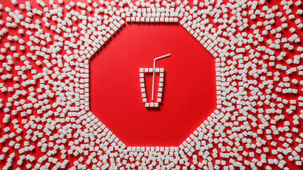 octagonal frame in the form of a stop sign made of sugar cubes with red background and glass with a straw inside. stop eating refined sugar concept