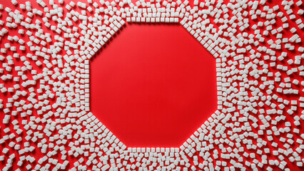 octagonal frame in the form of a stop sign made of sugar cubes with an empty red background inside. stop eating refined sugar concept