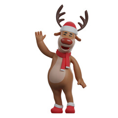  3D illustration. Cute Cartoon Christmas Reindeer 3D Character waving. wearing a Christmas scarf and hat. showing a cute smile. 3D Cartoon Character