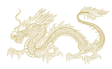 Dragon illustration with golden color outline, no background, suitable for any element, template, tattoo, decoration, screen printing, sticker, backdrop. Chinese New Year element.