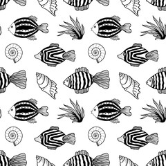 Seamless pattern with fishes, algae and shells. Black and white hand drawn vector illustration. Seamless background. Wallpaper design. Fabric design. Simple vector pattern with cute fishes.