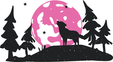 Naklejka premium pink full moon and wolf vector silhouette. wolf howling at the moon in the forest vector silhouette. forest landscape vector silhouette