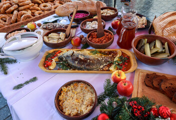 Christmas food on the table decorating with Christmas tree
