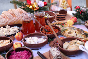 Christmas food on the table decorating with Christmas tree