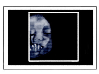 3Dエコー写真風のイラスト　指吸いをしている胎児
