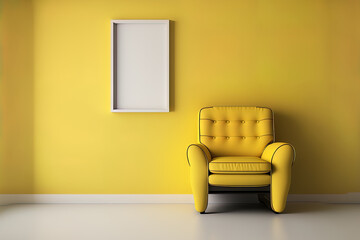 A mock up of the inner wall of a living room with a yellow recliner against a blank, cream colored background. Generative AI