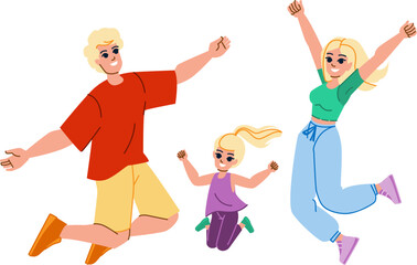 family jumping vector. happy father, together child, mother daughter, fun kid, lifestyle girl, young parent family jumping character. people flat cartoon illustration
