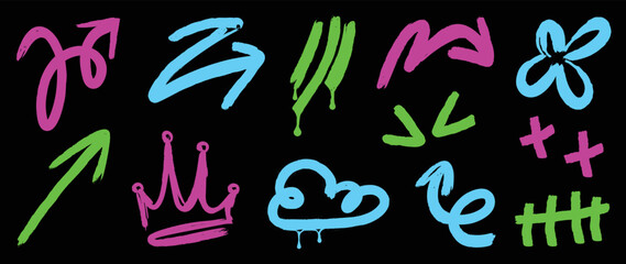 Set of hand paint doodle element vector illustration. Collection of colorful arrows and symbols element with brush paint glow on black background. Design for comic, tattoo, sticker, print, artwork.