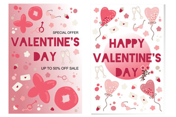 Valentines Day concept set flyers with romantic cute elements on a gradient background. Hand drawn illustration