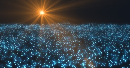 An agitated sea of particles. A yellow setting star casting rays and glare. Blue oscillating particles on a dark background. 3D render.