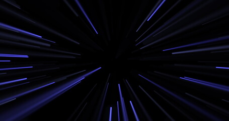 Abstract laser show. Moving blue rays emitted from a single point on a black background. 3D render.