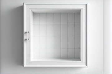 Open, empty white bathroom cabinet with clipping path, isolated on white tiled wall. Generative AI