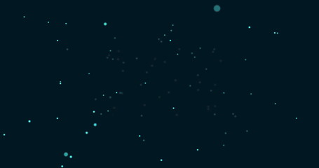 Chaotically flying blue blurry particles on a dark blue background. Moving particles around the central cluster. Bokeh. 3D render.