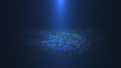 An abstract shaky oscillating surface of blue particles. Chaotically flying multi-colored small particles above the surface of large ones. A blue cone of light above the surface. 3D render.
