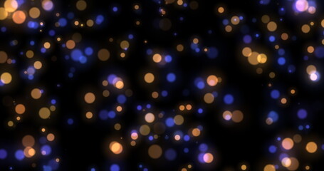Flickering and moving in space are yellow and dark blue lights. Particles from bokeh on a black background. 3D render.