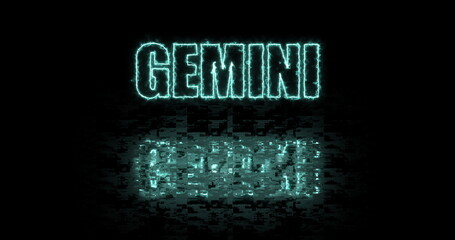 Gemini. The name of the zodiac sign on a black background. Colored text reflected in an oscillating liquid. A color corresponding to the element of the sign. 3D render.