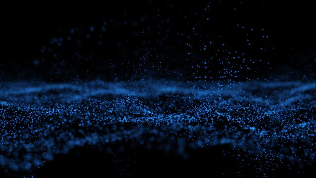 An abstract shaky oscillating surface of blue particles on a dark background. Chaotically flying small snowflakes above the surface of the snow. 3D render.