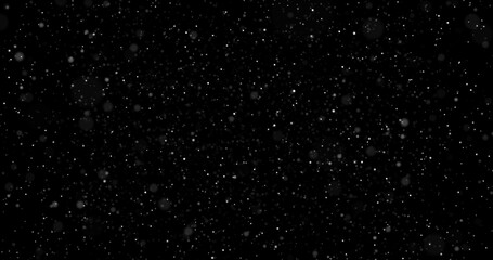 Slowly moving particles on a black background. Falling snow. Particles from bokeh. 3D render.