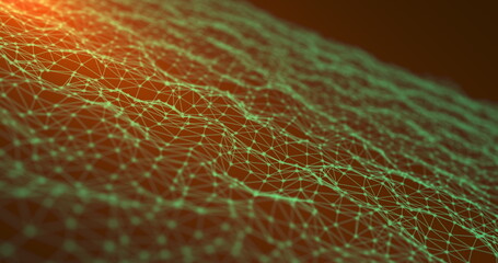 Abstract movable green network. An oblique oscillating surface formed by green dots connected by green lines on a red background. 3D render.