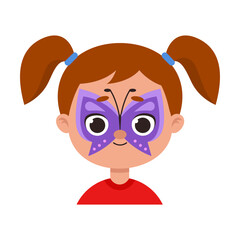 Portrait of happy kid with winged butterfly superhero painting or creative makeup. Children face with colorful painting cartoon illustration. Party, entertainment concept