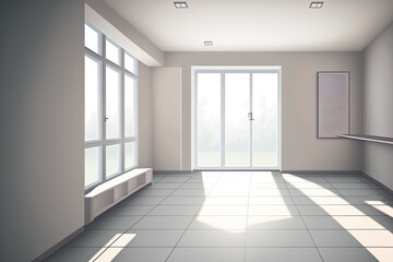 Apartment Modern Interior with Empty Living Room. Living room in a light colored home with a tile floor, a window, and a ceiling less wall. Realistic Inside Property Design Template. Generative AI