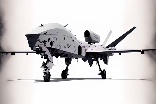 Unmanned aircraft system silhouette of Bayraktar TB2 SIHA on a white backdrop. Unmanned combat aircraft vehicle in form. an angle. Image for infographics and illustrations. Generative AI