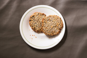 Vegetarian patty, mong beans and bread crumbs, air fried. Healthy choices. Vegan recipe. Plant-based diet. Health and wellness living.