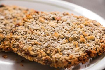 Vegetarian patty, mong beans and bread crumbs, air fried. Healthy choices. Vegan recipe. Plant-based diet. Health and wellness living.